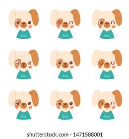 Set of pretty little animal emoji avatars. Cute baby dog emoticon heads with different faces: happy, sad, laugh, cry, funny, angry.  Vector illustration for baby card, poster and invitation. 