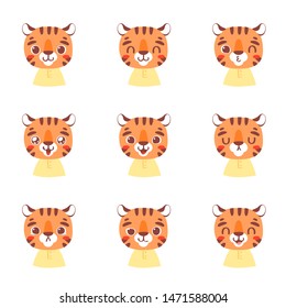 Set of pretty little animal emoji avatars. Cute baby tiger emoticon heads with different faces: happy, sad, laugh, cry, funny, angry.  Vector illustration for baby card, poster and invitation. 