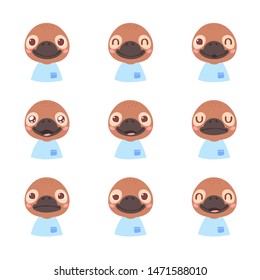 Set of pretty little animal emoji avatars. Cute baby duckbill emoticon heads with different faces: happy, sad, laugh, cry, funny, angry.  Vector illustration for baby card, poster and invitation. 