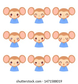 Set of pretty little animal emoji avatars. Cute baby monkey emoticon heads with different faces: happy, sad, laugh, cry, funny, angry.  Vector illustration for baby card, poster and invitation. 