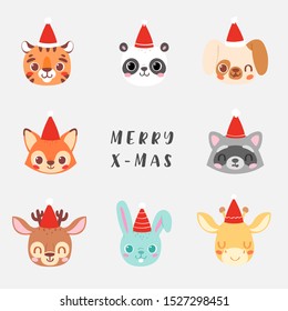 Set of pretty little christmas animal avatars. Cute animal baby heads in Santa hats vector illustration for greeting card, poster and invitation. Tiger, panda, dog, deer, bunny, giraffe, fox, raccoon