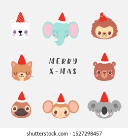 Set of pretty little christmas animal avatars. Cute animal baby heads in Santa hats vector illustration for greeting card, poster, invitation. Bear, elephant, hedgehog, duckbill, monkey, koala, cat