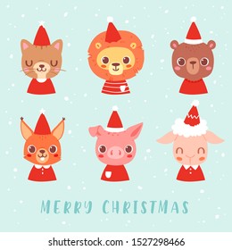 Set of pretty little christmas animal avatars. Cute animal baby heads in Santa hats vector illustration for greeting card, poster and invitation. Cat, lion, bear, squirrel, pig, sheep