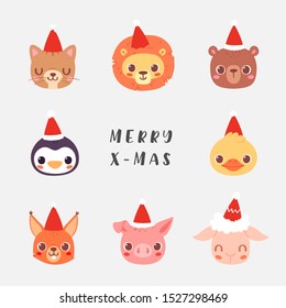 Set of pretty little christmas animal avatars. Cute animal baby heads in Santa hats vector illustration for greeting card, poster and invitation. Cat, lion, bear, squirrel, pig, sheep, duck, penguin 