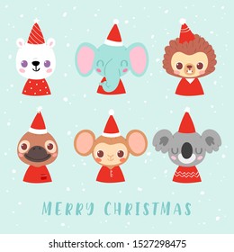 Set of pretty little christmas animal avatars. Cute animal baby heads in Santa hats vector illustration for greeting card, poster, invitation. Polar bear, elephant, hedgehog, duckbill, monkey, koala