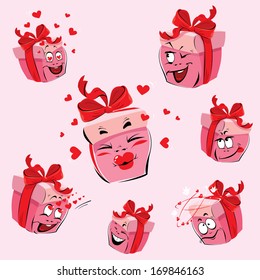 Set of pretty pink gift boxes cartoons with different expressions and  emotions. Design for love card and Valentines Day