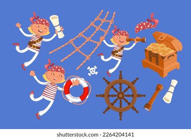 Set of pretty pirates, chest of gold. Vector isolated icons on blue background. Cartoon character for the design.