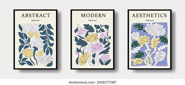 A set of pretty posters with floral design. Collection of wall placards in neutral pastel colors.