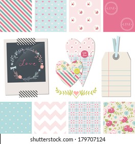 Set of Pretty Shabby Chic Vector Seamless Patterns and design elements: photo frame, fabric hearts, gift tag. Use to create digital paper for scrap booking.