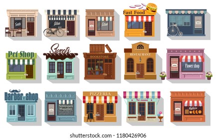 Conjunto de tiendas bonitas. Ilustración de un conjunto de pequeñas tiendas y restaurantes lindos o boutiques. Cafetería y pequeñas tiendas. Icono grande establecido en estilo plano