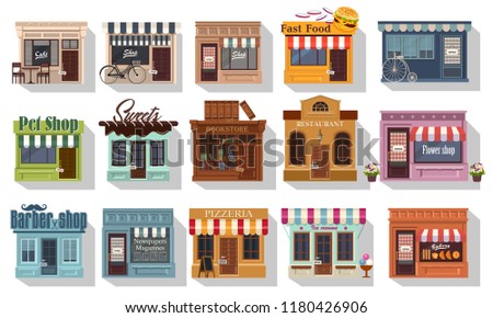 Set of pretty shops. Illustration of set of cute little shops and restaurants or boutiques. Cafe bistro and little shops. Big icon set on flat style