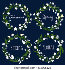 Set of pretty spring floral wreaths with dainty white flowers and green leaves