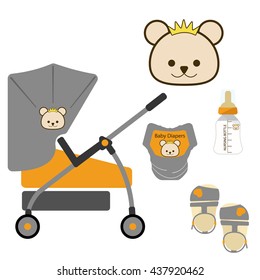 Set of Pretty Stroller,Bear with Crown Symbol,Diapers and Nursing Bottle,Baby Shower,vector / illustration