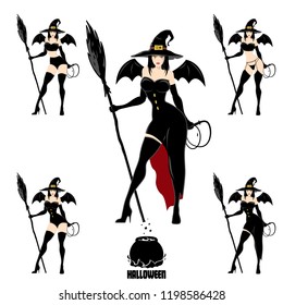 Set of pretty witches in magic hat with broom. Design element for Halloween banner or holiday card. Vector illustration isolated on white background.