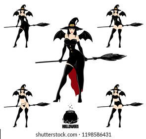 Set of pretty witches in magic hat with broom. Design element for Halloween banner or holiday card. Vector illustration isolated on white background.