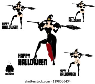 Set of pretty witches in magic hat with broom. Design element for Halloween banner or holiday card. Vector illustration isolated on white background.