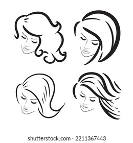 Set of Pretty woman face with long hair silhouette illustration. Female hair beauty salon logo or symbol.