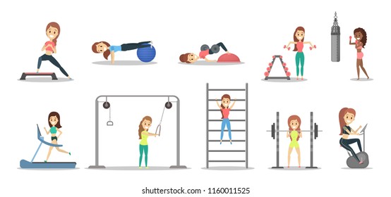 Set of pretty women doing exercises in the gym. Fitness and healthy lifestyle. Lifting weights, boxing and aroebics. Isolated flat vector illustration