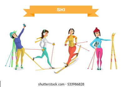 Set pretty young women on cross country skiing on isolated background. Flat cartoon vector illustration