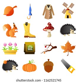 Set of prety flat gardening icons with plant, animals and home instruments