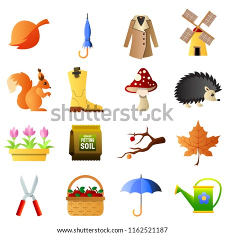 Set of prety flat gardening icons with plant, animals, home instruments, fruits and vegetables