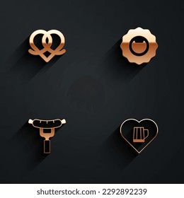 Set Pretzel, Bottle opener, Sausage on the fork and Heart with glass of beer icon with long shadow. Vector