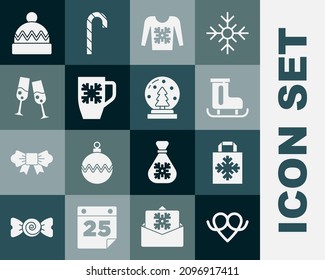 Set Pretzel, Christmas shopping bag, Figure skates, sweater, Coffee cup with snowflake, Glass champagne, Winter hat and globe icon. Vector