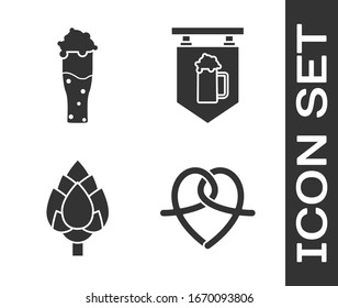 Set Pretzel, Glass of beer, Hop and Street signboard with glass of beer icon. Vector