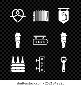 Set Pretzel, Musical instrument accordion, Street signboard with glass of beer, Pack bottles, inscription Beer, Bottle opener, Glass and  icon. Vector