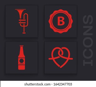 Set Pretzel, Musical instrument trumpet, Bottle cap with inscription beer and Beer bottle icon. Vector
