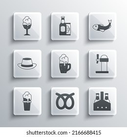 Set Pretzel, Pack of beer bottles, Dispenser, Glass, Oktoberfest hat,  and Dried fish icon. Vector