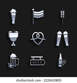 Set Pretzel, Street signboard with inscription Beer, bottle, Glass of beer, and hop, Chicken leg, Cereals set rice, wheat, corn, oats, rye, barley and  icon. Vector