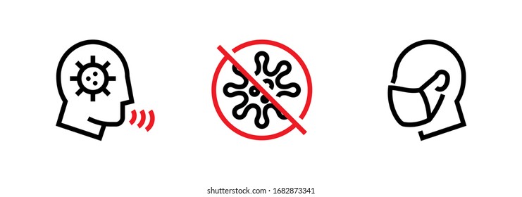 Set of prevent illness Coronavirus Transmission and Infection Protection icons. Editable line vector. Stylized symbol face is infected virus, in a medical mask, microbe infection streaked red line