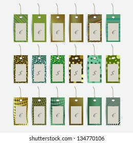 Set of price colour tags on the rope. Vector label stickers.