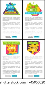 Set of price labels best premium fantastic offer, website allows to order and buy something via internet, text and sticker, title on vector web banner