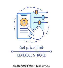 Set price limit concept icon. Advanced search options. Smartphone, hand, setting with slider buttons. Price preferences idea thin line illustration. Vector isolated outline drawing. Editable stroke