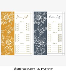 set of price list template designs with hand drawn illustration of spring flowers