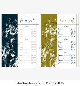 set of price list template designs with hand drawn illustration of iris flowers