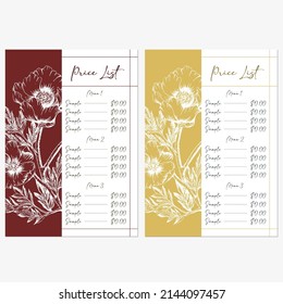 set of price list template designs with hand drawn illustration of anemone flower