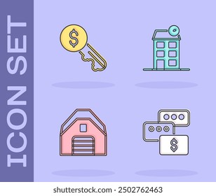 Set Price negotiation, Rent key, Garage and House icon. Vector