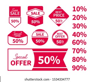 Set of price sale tags with text. Super sale, best price, special offer, best offer. Vector flat stickers design. Trendy labels for use in web or print.