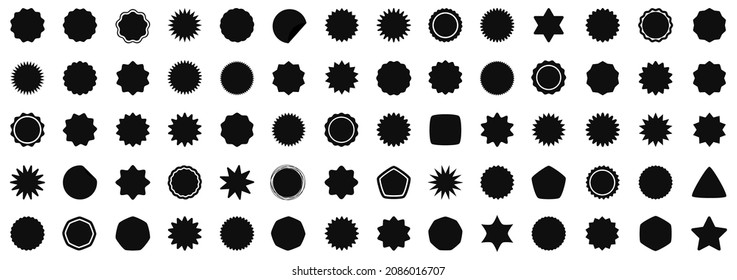Set of price sticker, sale or discount sticker, sunburst badges icon. Stars shape with different number of rays. Special offer price tag. Starburst promotional badge set, shopping labels.
