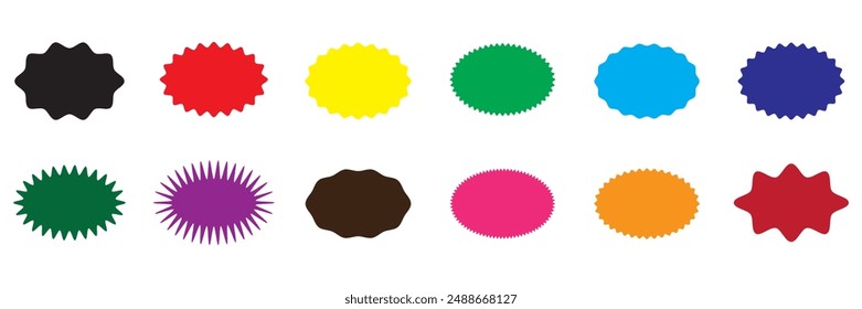 Set of price sticker, sale or discount sticker, sunburst badges icon. Stars shape with different number of rays. Special offer price tag. Starburst badge set different color, red, yellow, green, blue.