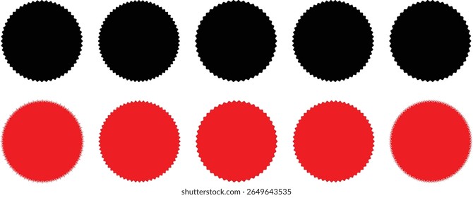 Conjunto de etiqueta de preço e etiqueta de venda. Preço tag, starburst, marca de qualidade, selos sunburst. Conjunto de adesivos de círculo. Borda ondulada promo emblemas vermelhos. Marcas de forma de disparo de estrelas por preço. Etiqueta de venda vermelha Adesivo de preço	