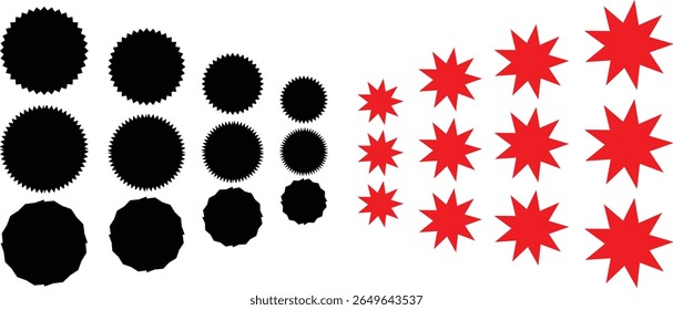 Set of price sticker and sale sticker. Price tag, starburst, quality mark, sunburst badges. Circle sticker set. Wavy edge promo red badges. Star burst shape tags for price. Red sale tag Price sticker	
