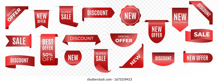 Conjunto de etiquetas de precio y mejor plantilla de vector de colección de elementos de venta. Vector de cinta roja para elementos de banner, etiqueta de descuento , oferta especial y otras promociones.