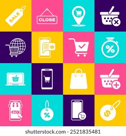 Set Precio tag con dólar, Añadir a la cesta de la compra, cronómetro y por ciento, Carrito de compras de Locación, móvil, globo, venta y marca de verificación icono. Vector