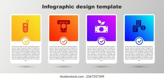 Set Price tag with dollar, ATM and money, Money plant in the pot and Paper or financial check. Business infographic template. Vector