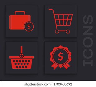 Set Price tag with dollar, Briefcase and money, Shopping cart and Shopping basket icon. Vector