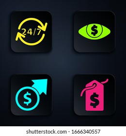 Set Price tag with dollar, Clock 24 hours, Financial growth and coin and Eye with dollar. Black square button. Vector